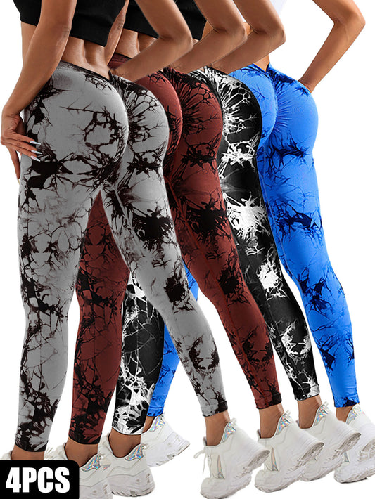 4-Pack Women’s Scrunch Tie-Dye Leggings – High Waist Seamless Butt-Lifting V-Back Yoga & Gym Pants